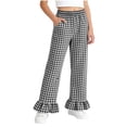 thumbnail image 1 of dazeni Girls Gingham Pants Kids Casual Elastic High Waist Plaid Trousers Soft Ruffle Hem Wide Leg Pants with Pockets Black 11-12 Years, 1 of 7