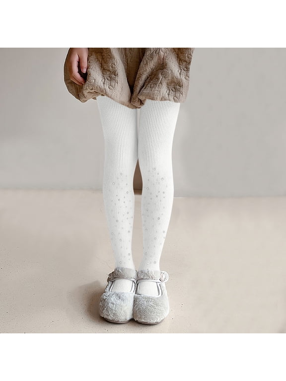 Girls Glitter Soft Cotton Leggings Seamless Sparkle Tights High Waist Opaque Tights Schol Dress Thights Elastic Footed Tights White 4-6 Years