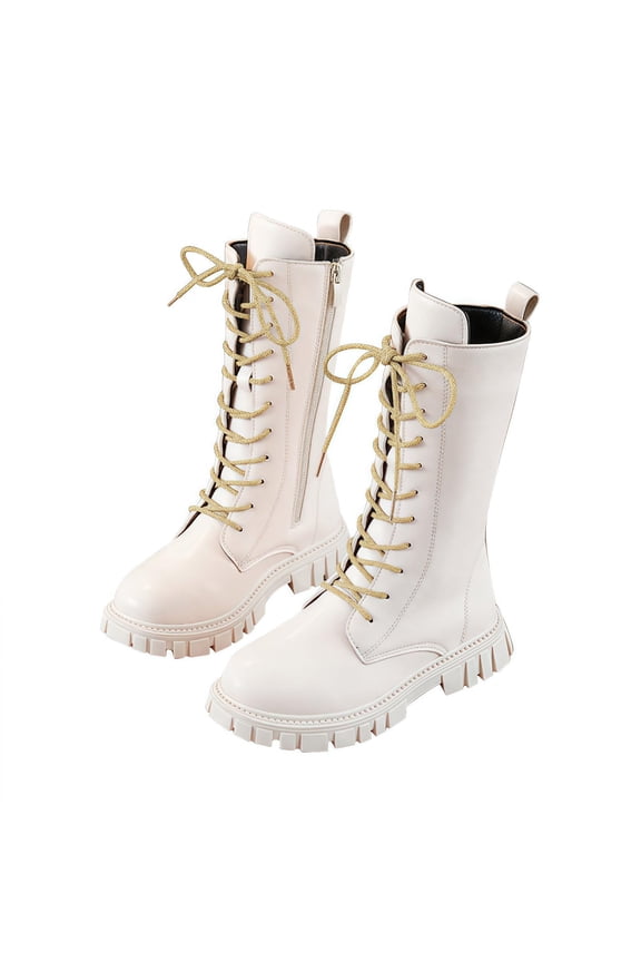 Girls Lace Up Boots White Knee High Boots Low Heel Mid Calf Riding Boot Side Zipper Punk Goth Round Sole Ankle Booties for Big Girls