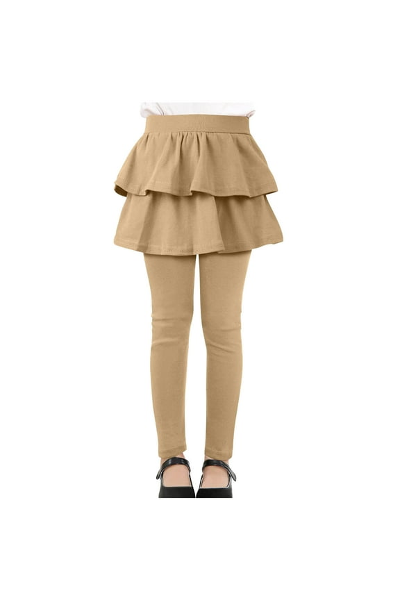 Girls Leggings with Ruffle Layer Skirts High Waisted School Uniform Pants Solid Stretch Jegging