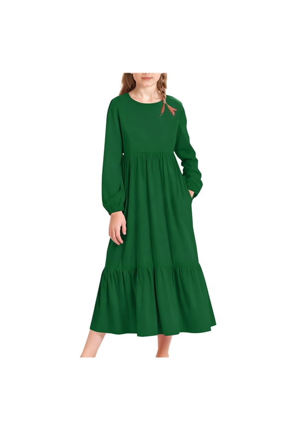 Girls Long Sleeve Dresses A Line Tiered Flowy Casual Party Dresses with Pockets Spring Fall Crewneck Maxi Dress Army Green 6-7Years