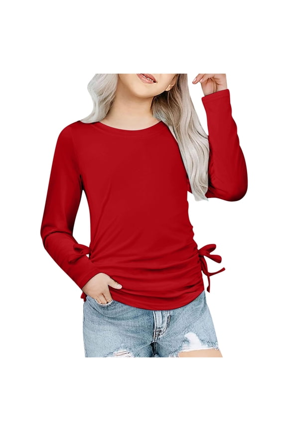 Girls Long Sleeve Shirts Casual Crewneck Tops Loose Side Ruched Tunic Blouse Trendy Lightweight Pullover Tops for Tween Girls 3-14 Years