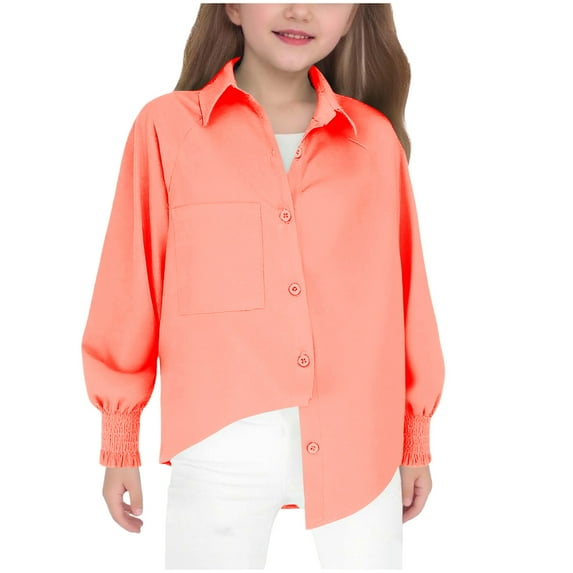 dazeni Girls Long Sleeve Shirts Solid Casual Button Down Shirts Loose Ribbed Cuff Poket Shirts for Teen Kids Back To School Clothes Orange
