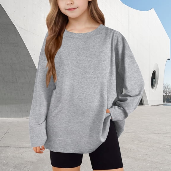 dazeni Girls Long Sleeve T Shirts Solid Color Oversized Tops Trendy Crewneck Basic Tees Loose Casual Tunic Sweatshirts Gray