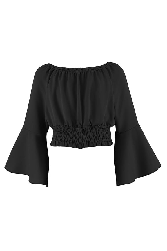 Girls Off Shoulder Tops Bell Long Sleeve Cropped T-Shirts Renaissance Peasant Blouse Fashion Solid Pirate Boho Tunic Shirts