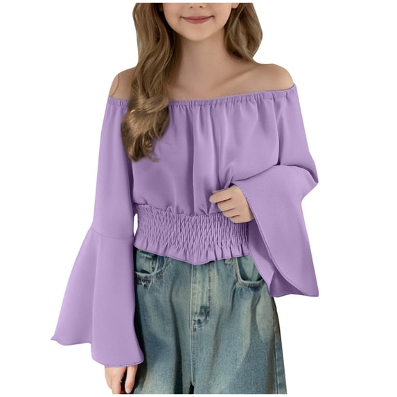 dazeni Girls Off Shoulder Tops Bell Long Sleeve Cropped T-Shirts Renaissance Peasant Blouse Fashion Solid Pirate Boho Tunic Shirts