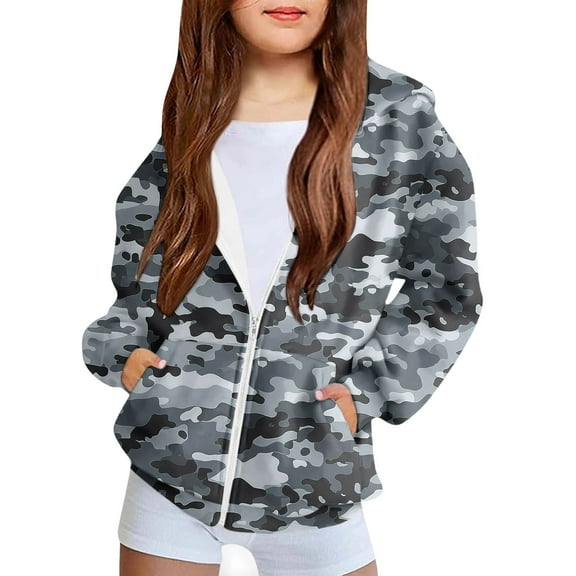 dazeni Girls Oversized Full Zip Hoodies Casual Long Sleeve Fleece Sweatshirts Cute Camo Jackets with Pockets Fashion School Preppy Clothes