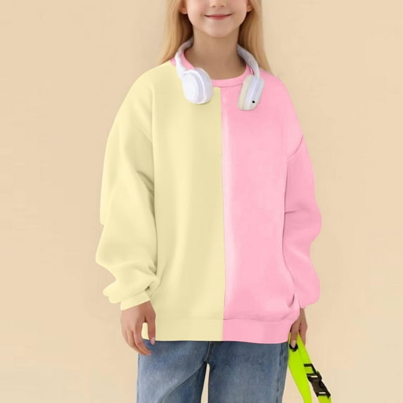dazeni Girls Oversized Sweatshirts Lightweight Fleece Lined Patchwork Sweatshirts Fashion Color Block Crewneck Sweatshirt Loose Casual Pullover Pink 11 Years