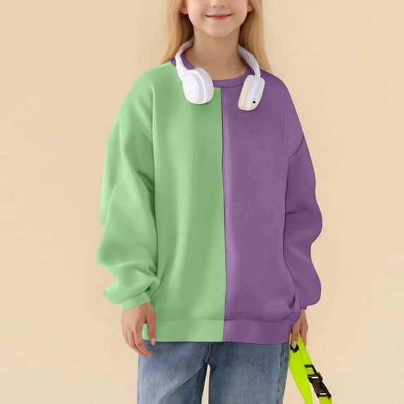 dazeni Girls Oversized Sweatshirts Lightweight Fleece Lined Patchwork Sweatshirts Fashion Color Block Crewneck Sweatshirt Loose Casual Pullover Purple 12 Years