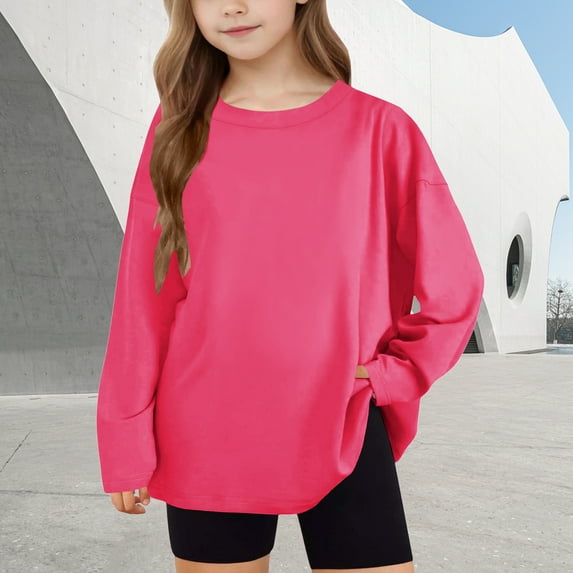 dazeni Girls Oversized Tshirts Kids Long Sleeve Crewneck Shirts Solid Clolr Casual Basic Tops Tees Hot Pink