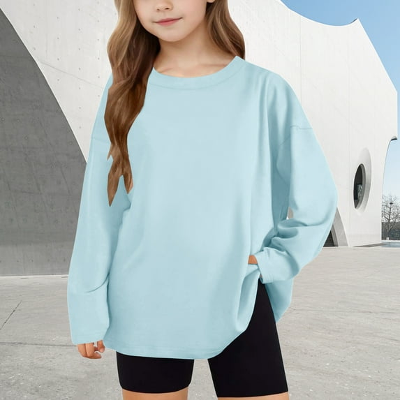 dazeni Girls Oversized Tshirts Kids Long Sleeve Crewneck Shirts Solid Clolr Casual Basic Tops Tees Light Blue2