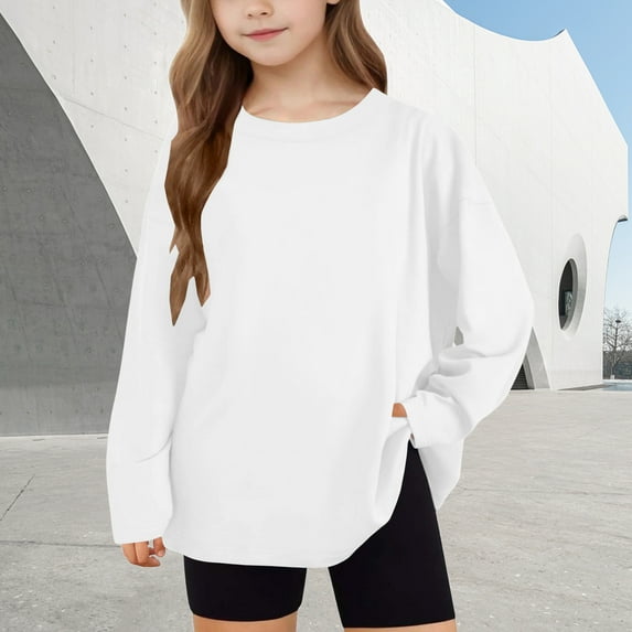 dazeni Girls Oversized Tshirts Kids Long Sleeve Crewneck Shirts Solid Clolr Casual Basic Tops Tees White