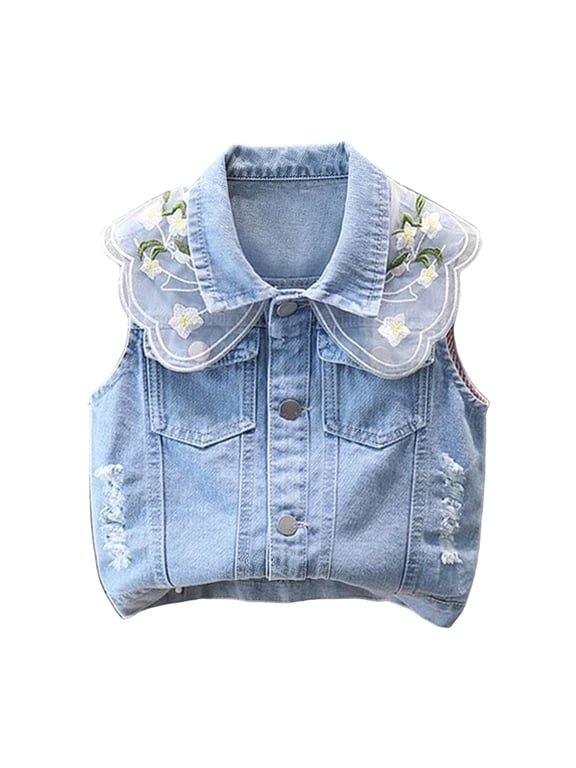 Girls Peter Pan Collar Denim Vest Casual Button Down Sleeveless Jackets Fashion Jean Waistcoat Outerwear Blue Size 11 Years