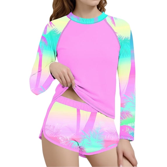 dazeni Girls Rash Guard Swimsuit UPF 50+ Long Sleeve Modest Bathing Suit with Sporty Shorts Floral Print Swimwear Sun Protection Vacation Swimsuits Pink2 12-13 Years