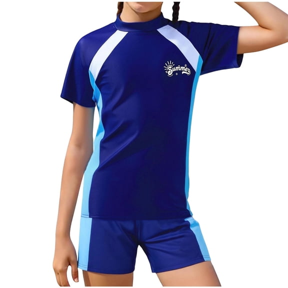 dazeni Girls Rash Guard Swimsuits 2 Piece Short Sleeve Swimsuit Color Block Mock Neck Swim Shirts and Shorts Bathing Suit Swimwear Navy 11-14 Years