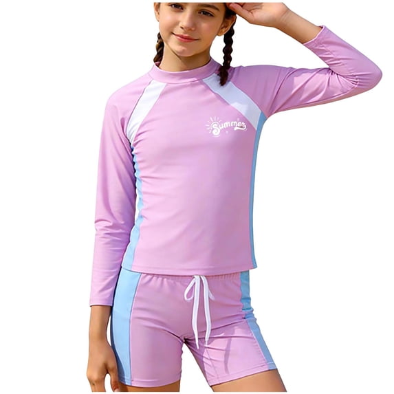 dazeni Girls Rash Guard Swimsuits 2 Piece Short Sleeve Swimsuit Color Block Mock Neck Swim Shirts and Shorts Bathing Suit Swimwear Pink2 11-14 Years