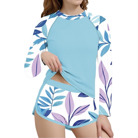 dazeni Girls Rash Guard Swimsuits 2 Pieces Long Sleeve Bathing Suits Floral Printed Girls' Sporty Shorts Swimwear Summer Vacation Beachwear Light Blue3 10-11 Years