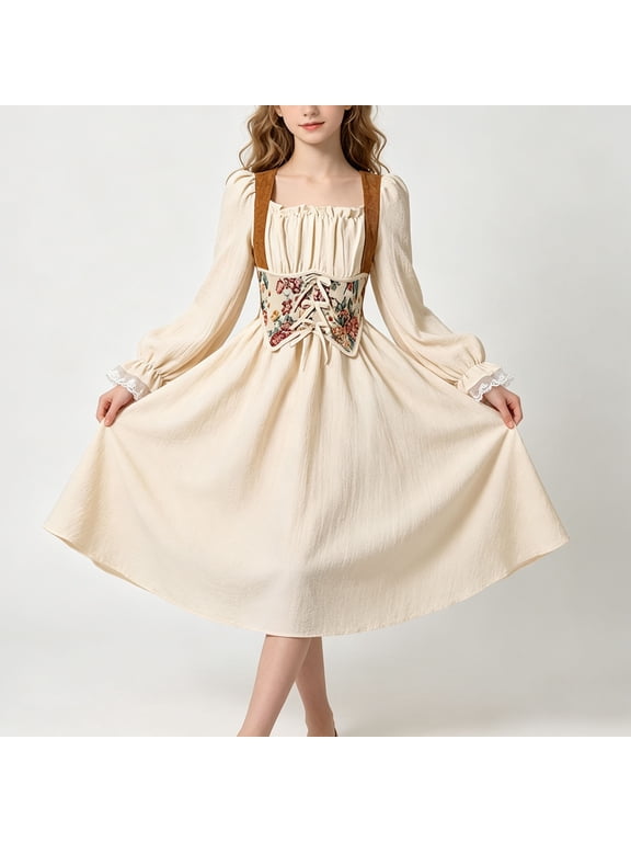 Girls Renaissance Dress Puff Long Sleeve Medieval Dress Vintage Square Neck Victorian Fairy Peasant Midi Dress Imperial Waist Beige 11-12Years