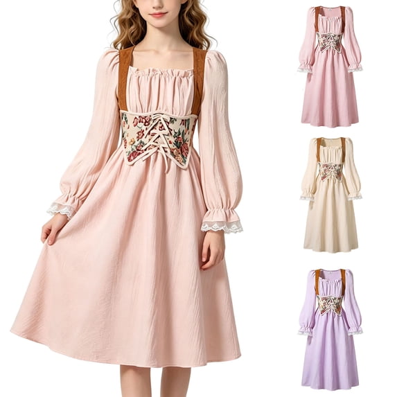 dazeni Girls Renaissance Dress Puff Long Sleeve Medieval Dress Vintage Square Neck Victorian Fairy Peasant Midi Dress Imperial Waist Beige 12-13Years