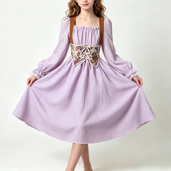 dazeni Girls Renaissance Dress Puff Long Sleeve Medieval Dress Vintage Square Neck Victorian Fairy Peasant Midi Dress Imperial Waist Purple 8-9Years
