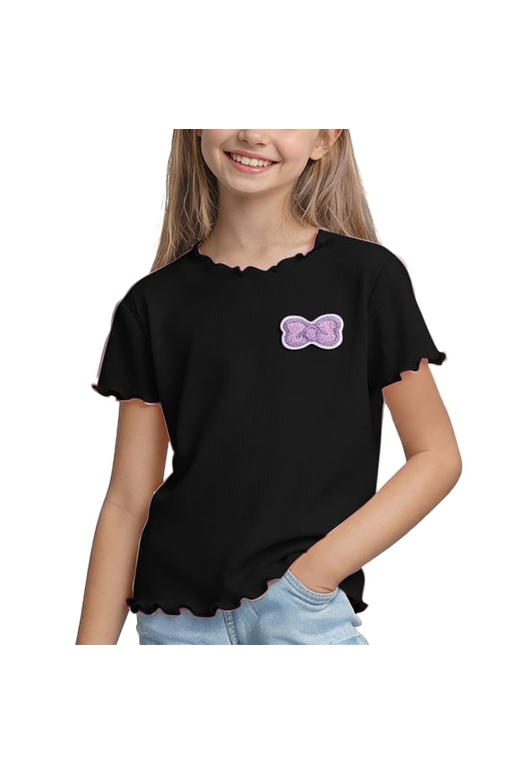 Girls Ruffle Hem Tee Summer Breathable Cooling Crewneck Tops Cute Pattern Short Sleeve T Shirts for Running Athletic Black 9-10Years
