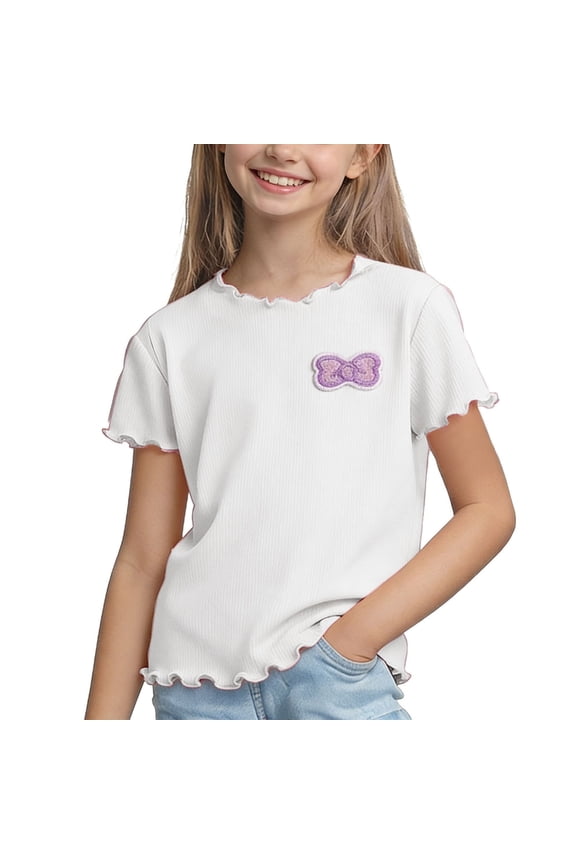 Girls Ruffle Hem Tee Summer Breathable Cooling Crewneck Tops Cute Pattern Short Sleeve T Shirts for Running Athletic White 4-5Years