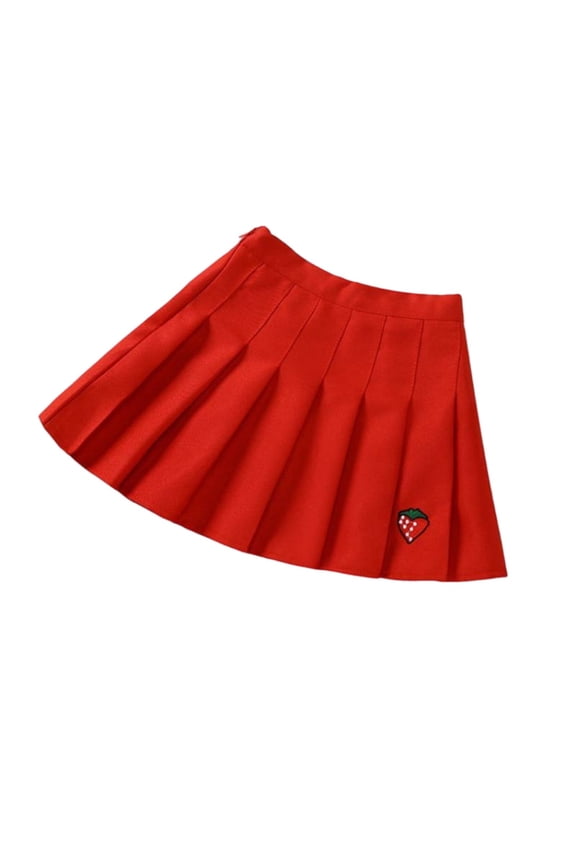 Girls' School Uniform Cute Strawberry Print Pleated Mini Skirt Pull-on Dance Tennis Skort with Undershorts Red 5 Years