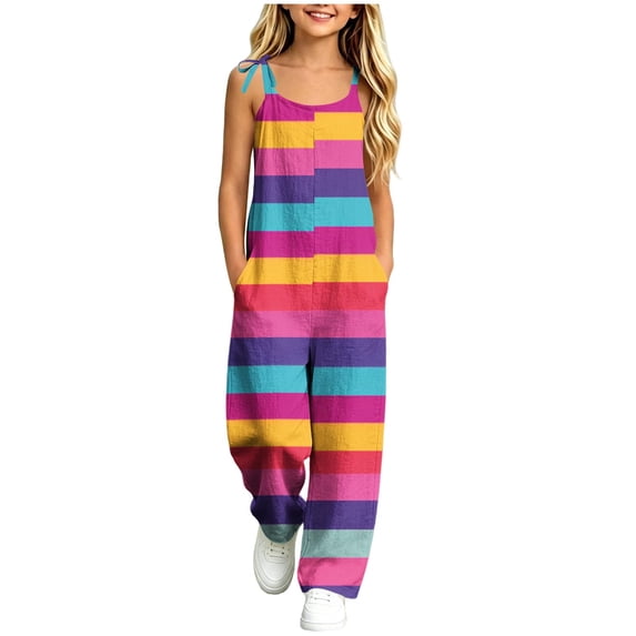 dazeni Girls Summer Boho Jumpsuit Sleeveless Jumpsuits Rompers for Girls Adjustable Strap Wide Leg Pants Romper with Pockets Hot Pink 15-16 Years