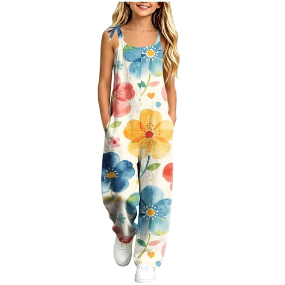 dazeni Girls Summer Boho Jumpsuit Sleeveless Jumpsuits Rompers for Girls Adjustable Strap Wide Leg Pants Romper with Pockets Light Blue 9-10 Years