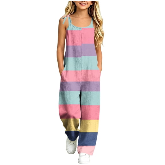 dazeni Girls Summer Boho Jumpsuit Sleeveless Jumpsuits Rompers for Girls Adjustable Strap Wide Leg Pants Romper with Pockets Pink 15-16 Years