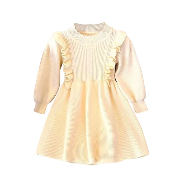 dazeni Girls Sweater Dress Fashion Ribbed Knit Ruffle Long Sleeve Dress Spring Fall Casual Crewneck Midi Dress Beige 7-8 Years