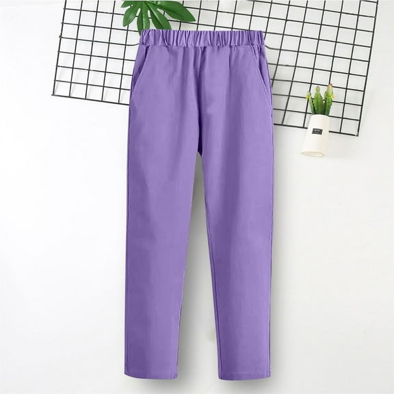 dazeni Girls Uniform Pants Kids High Stretchy Dress Pants Elastic Waist Pull On Slacks Purple