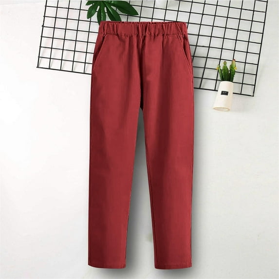dazeni Girls Uniform Pants Kids High Stretchy Dress Pants Elastic Waist Pull On Slacks Wine
