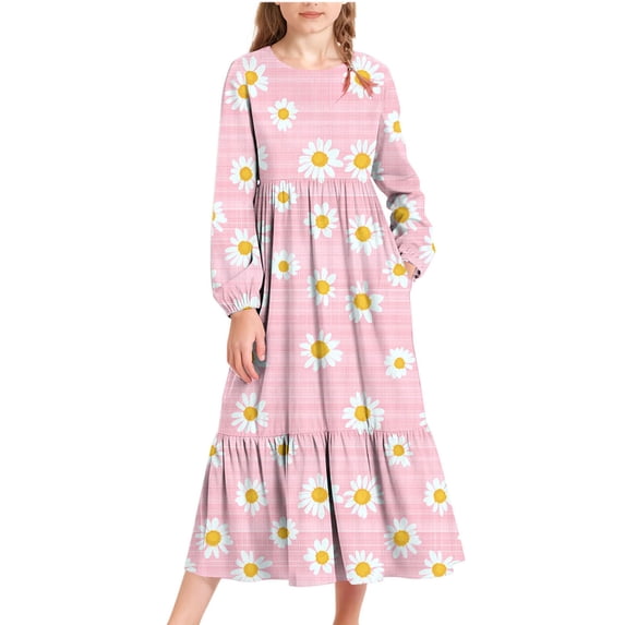 dazeni Girls Valentine's Day Dresses Cute Heart Print Puff Long Sleeve Maxi Dress Loose Casual Ruffle Crewneck Dress with Pockets A Line Tiered Flowy Party Dress C 12-13Years