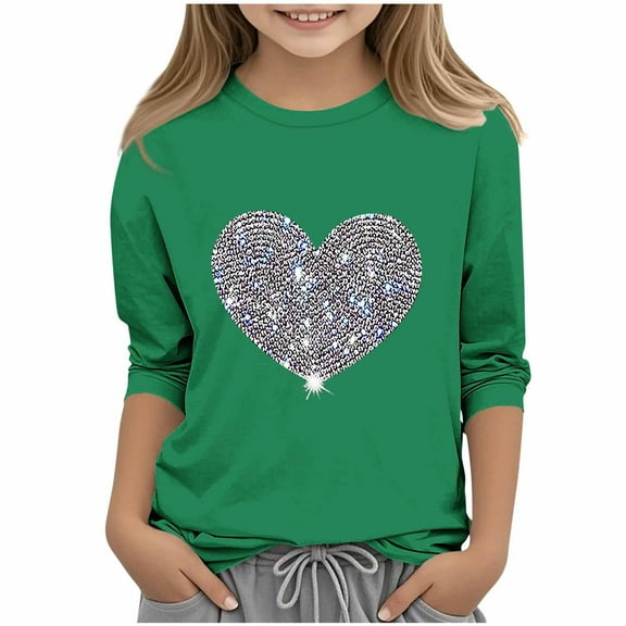 dazeni Girls Valentine's Day Outfits Sparkling Heart Print 3/4 Length Sleeve T Shirts Loose Casual Crewneck Sequin Blouse Trendy Back to School Clothes