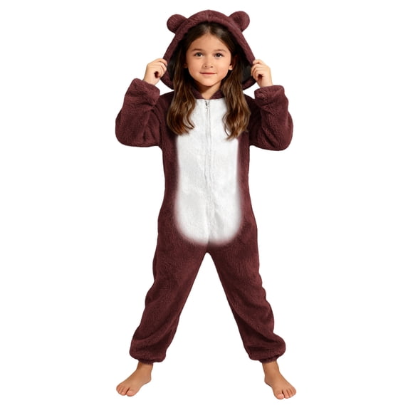dazeni Girls Zip up Onesie with Cute Bear Hooded Cozy Fuzzy Fleece Jumpsuit Comfy Plush Sherpa Long Sleeve Romper Color Block One Piece Outfits Wine 3-4 Years