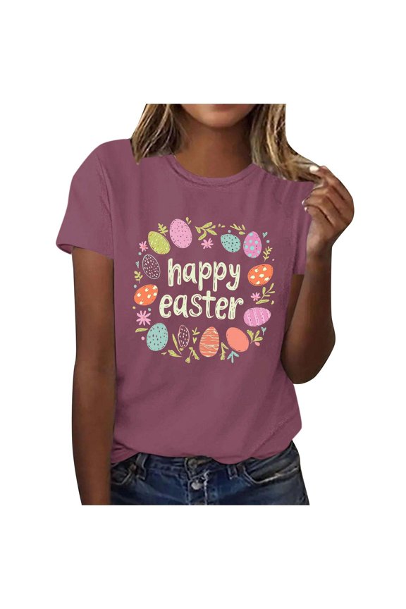 Happy Easter Shirts Women Funny Colored Eggs Print Tee Casual Short Sleeve T Shirts Crewneck Tops Easter Gift for Ladies