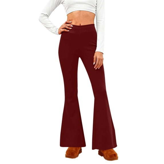 dazeni High Waisted Flare Leggings for Women Stretchy Bell Bottom Yoga Pants Seamless Tummy Controal Workout Leggings Wine XXL