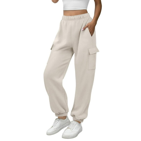 dazeni High Waisted Joggers for Petite Women Comfy Elastic Waisted Sweatpants Solid Solid Athletic Workout Joggers Lounge Pants with Pockets Beige XXL