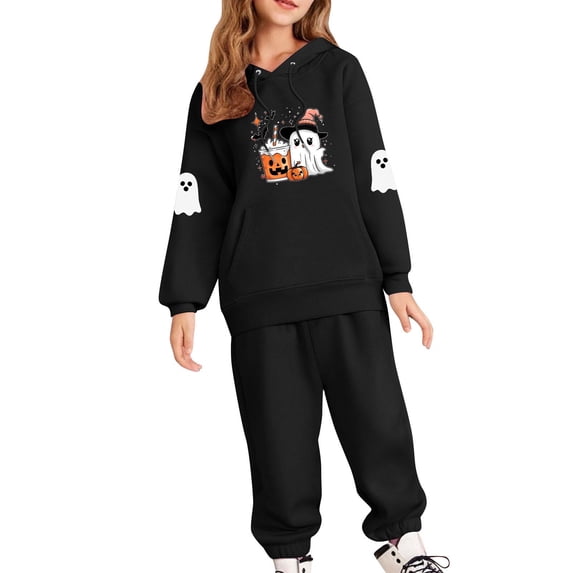 dazeni Kids 2 Piece Outfits Halloween Drinking Ghost and Pumpkin Face GraphicTracksuit Casual Clothing Sets Long Sleeve Hoodie Sweatshirts and Sweatpants with Pockets