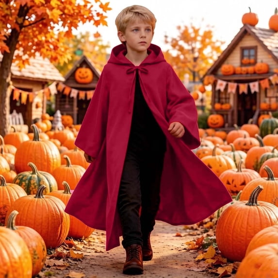 dazeni Kids Long Sleeve Hooded Cloak Boys Girls Full Length Medieval Cover up with Hood Holloween Outfits Birthday Theme Clothes Red 10-12 Years