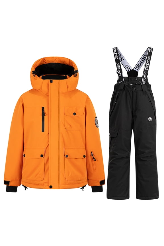 Kids Snowsuits 3-14 Years Boys Girls Snow Suits 2 Piece Warm Insulated Orange Ski Jacket and Jumpsuit Pants Set Winter Warm Outfits for Snowboarding 7-8Years