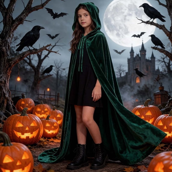 dazeni Kids Velvet Hooded Cloak Boys Girls Full Length Medieval Cape Oversized Hood Cover up for Halloween Role Play in Party Outfits Green 10-12 Years