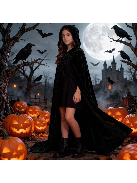 Kids Velvet Hooded Cloak Boys Girls Full Length Medieval Cape Oversized Hood Cover up for Halloween Role Play in Party Outfits Black 7-9 Years
