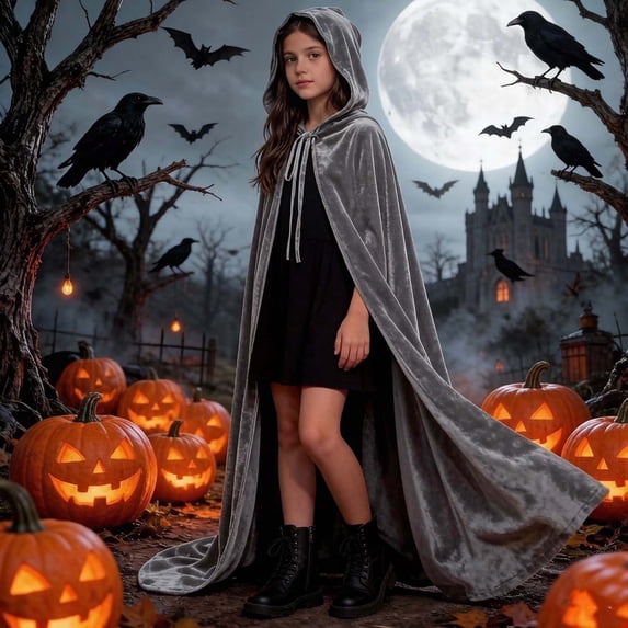 dazeni Kids Velvet Hooded Cloak Boys Girls Full Length Medieval Cape Oversized Hood Cover up for Holloween Role Play in Party Outfits Gray 4-6 Years