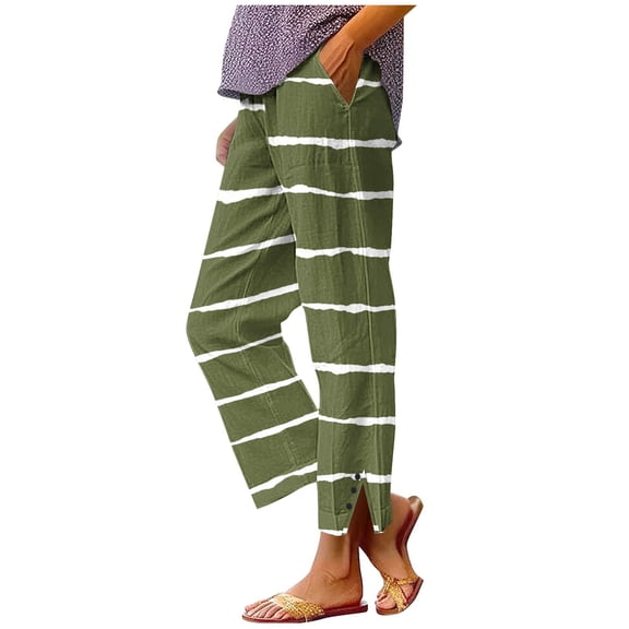 dazeni Linen Capris Pants for Women Casual Straight Leg Cropped Pants with Pockets Side Split Striped Elastic Waisted Trousers Summer Loungewear Army Green Small