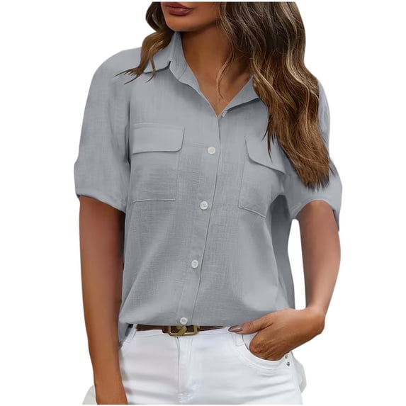 dazeni Linen Tops for Womens Lightweight Comfy Short Sleeve Shirts V Neck Collared Button Down Shirt with Flap Pockets for Work Travel Vacation Gray XX-Large