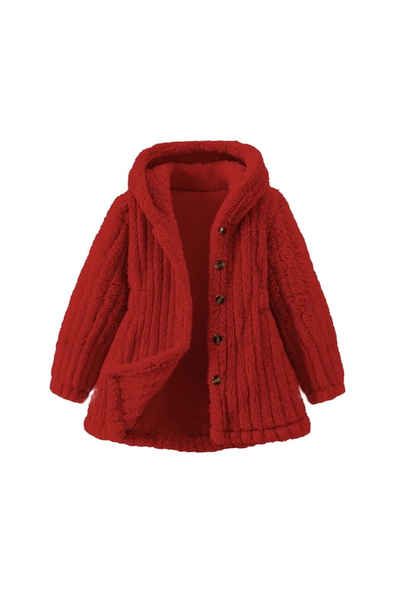 Little Girls Winter Coat Cozy Fuzzy Fleece Button Down Cardigan Jackets with Hood Solid Casual Plush Long Sleeve Hoodies Red 1 Years