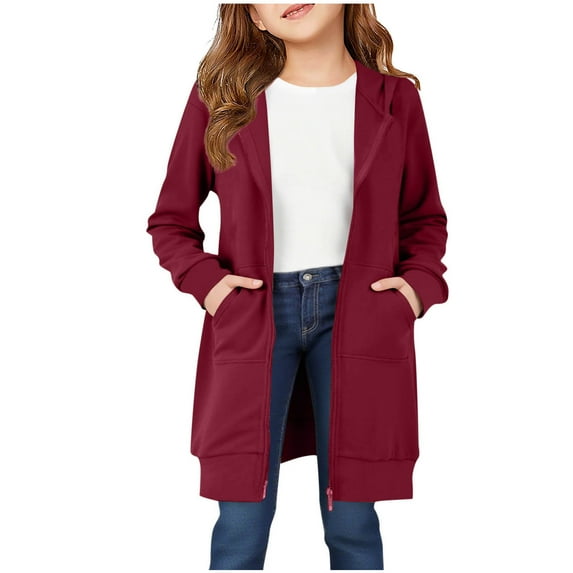 dazeni Long Hoodies for Kids Big Girls Zip up Fleece Hooded Jackets Loose Casual Tunic Sweatshirts with Pockets Lightweight Fall Winter Fashion Clothes Wine