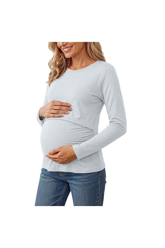 Long Sleeve Maternity Tee Women Crewneck Tunic Tops Solid Casual Basic Pregnancy Tee Soft Mama Fall Clothes Gray Large